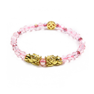 錢滾錢雙貔貅 粉水晶琉璃瑪瑙手鍊, 5色可供選擇, 5g, 粉色