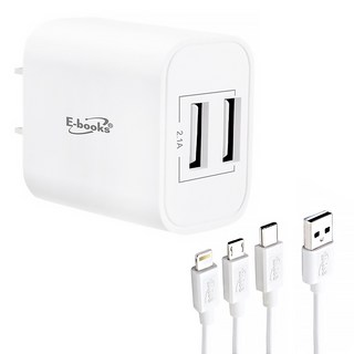 E-books B66 雙孔USB快速充電器 附100cm三合一充電線 適用於 Lightning + Micro + Type C 接口, E-PCB239, 1個