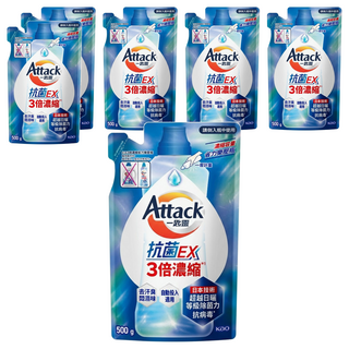 Attack 一匙靈 台灣公司貨 抗菌EX 3倍濃縮科技潔淨洗衣精 補充包, 500g, 6包
