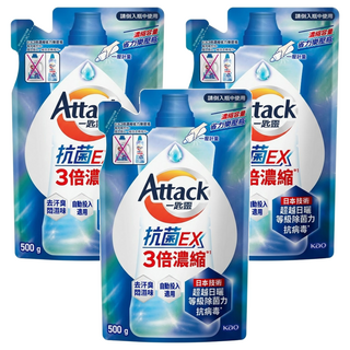 Attack 一匙靈 台灣公司貨 抗菌EX 3倍濃縮科技潔淨洗衣精 補充包, 500g, 3包