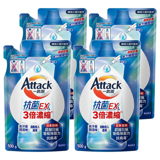 Attack 一匙靈 台灣公司貨 抗菌EX 3倍濃縮科技潔淨洗衣精 補充包, 500g, 4包
