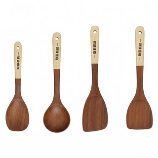 Kyhome 金柄烏檀木不粘鍋耐高溫木質廚具4件組, 1套, 鍋鏟 + 湯勺 + 飯勺 + 煎勺, 米棕色