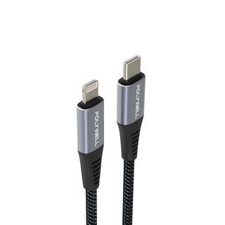 POLYWELL 寶利威爾 Type-C-Lightning 蘋果快充線 PW15-W45-M152, 2m, 鋁合金 黑色, 1條