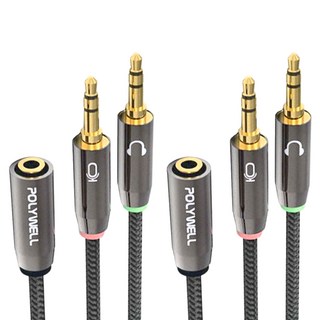 POLYWELL 寶利威爾 3.5mm 1母(四極)轉2公(三極)音源轉接線 25cm, PW15-W52-A005, Black, 2條