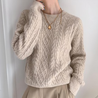 KnitNJean 女款寬鬆版型美麗諾羊毛麻花拉克蘭袖Artje圓領針織衫