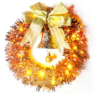 摩達客 金蔥彎絲聖誕花圈 + 20燈LED暖白光燈串, 優雅香檳玫金系, 1個