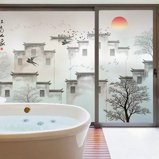 德利生活 玻璃貼90*300cm 江南水鄉, 輕鬆DIY打造水墨風格居家空間, 1入
