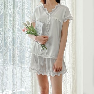 AnotherD 女性絲綢蕾絲短袖睡衣組