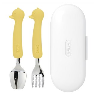 에디슨 유아 실리콘 스푼 포크 케이스 세트, 오리옐로우, 스푼 + 포크 + 케이스, 1세트