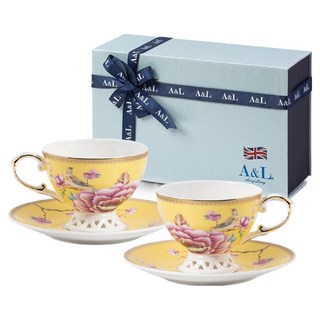A&L 骨瓷咖啡對杯禮盒組, 二杯二盤, 高級骨瓷, 花樣春曉 明黃, 1組
