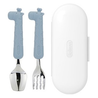 에디슨 실리콘 스푼 포크 케이스 세트 베이비, 기린블루, 스푼 + 포크 + 케이스, 1세트