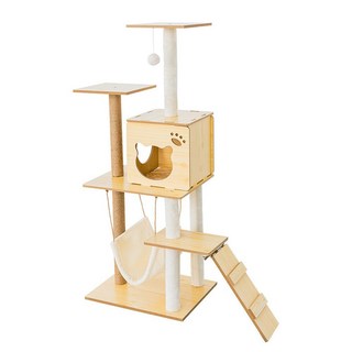 毛孩的秘密生活 二景一房晴空之城貓宅 Set (貓跳台/貓抓板/貓爬架/貓咪別墅) CDT6-524220, 原木色, 1組
