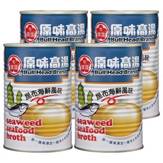 牛頭牌 原味高湯 昆布海鮮風味, 萃取昆布鮮甜滋味, 搭配柴魚精華與洋蔥香氣, 411ml, 4罐