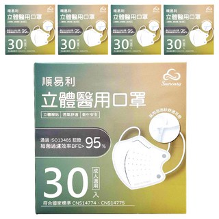 順易利 成人立體醫用口罩 細耳, 黑色, 30片, 5盒