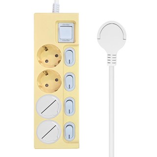 One Stop 零間隙超薄扁平彩色獨立開關 16A 4孔延長線 + 安全蓋 2入組, 3m, 1個, 奶油黃