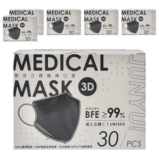 JUN 郡昱 3D成人立體醫療口罩 L, 30片, 6盒, 曜石黑