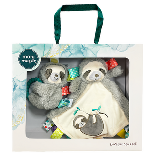 mary meyer 蜜兒 經典禮盒 標籤手搖鈴+標籤親膚安撫巾 安全柔軟布料 棉花糖聲響設計, 1盒, 微笑樹懶 棕色 + 白色 + 綠色