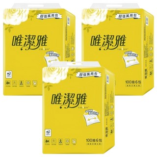 唯潔雅 超值萬用包抽取式衛生紙 100抽 100%原生紙漿 不添加螢光劑, 6包, 3袋