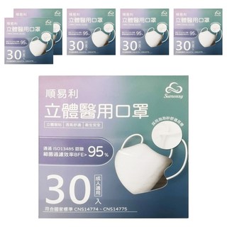 順易利 成人立體醫用口罩 細耳, 白色, 30片, 6盒