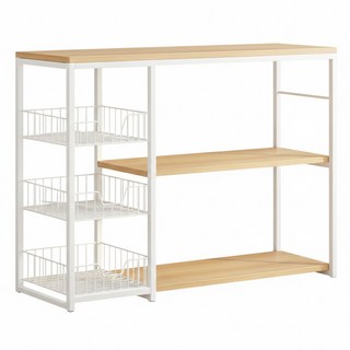 AOTTO 創意傢俱 多功能三層廚房置物架 80CM帶籃款 原木色+白架 鋼架, FT-018, 1個