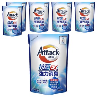 Attack 一匙靈 台灣公司貨 抗菌EX洗衣精 抗菌EX強力消臭 補充包, 1.5kg, 6包