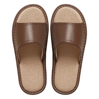 真皮頭層牛皮配亞麻防滑室內拖鞋, 咖色, 1雙