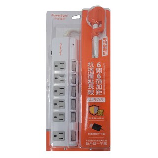 PowerSync 包爾星克 6開6插斜面開關防雷擊抗搖擺延長線 27 x 5.7 x 2.85cm 830g, 4.5m, TPS366BN9045, 1條