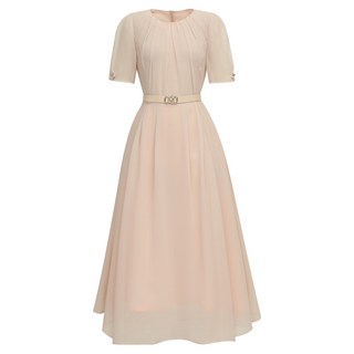 極簡雪纺抓褶附腰帶連身裙, 粉米色