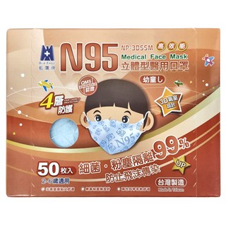 blue eagle 藍鷹牌 兒童款 N95立體型 醫用口罩 2~6歲適用, 藍天藍, 50片, 1盒