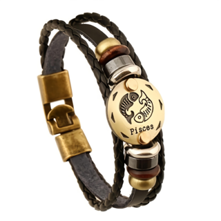 真皮頭層牛皮編織搭合金手環 - 12星座手環, 20.5~21 x 1cm, 12星座雙魚