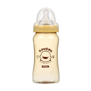 PiYOPiYO 黃色小鴨 寬口PPSU防脹奶瓶, 模彷乳房自然曲線, 防脹透氣閥, 耐熱高達180°C, 無雙酚A, 無塑化劑, 棕色, 240ml, 1個