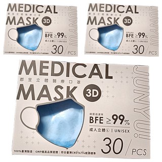 JUN 郡昱 3D成人立體醫療口罩 L, 30片, 3盒, 粉蝶藍