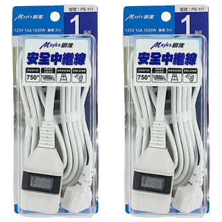 Mayka 明家 1插1開關中繼線 AC 125V MAX 1650W, 3m, 白色, 2條