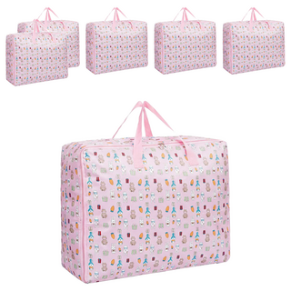 印花牛津棉被收納袋, 粉兔子, 中號 55 x 33 x 20cm, 6個