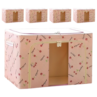 小麥購物 大容量防潑水牛津布雙門單視窗衣物鐵架收納箱 66L, 粉紅色, 5個