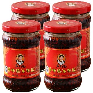 老干媽 香辣脆油辣椒 洋蔥香 花椒麻 辣椒辣 獨特焦香甘美 無添加人工色素 無添加防腐劑 非基改大豆, 210g, 4罐