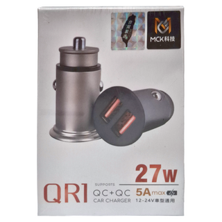 MCK 科技 QC4.0雙USB車充, 27W快充, 5A大電流, 12-24V車型通用, 亮黑色, MCK-QR1