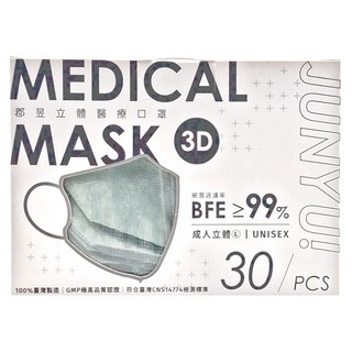 JUN 郡昱 3D成人立體醫療口罩 L, 30片, 1盒, 海藻綠