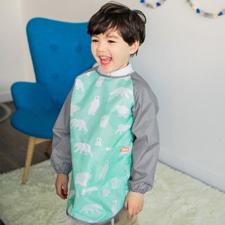 bay b 孩童北極熊印花拼色長袖連身圍裙