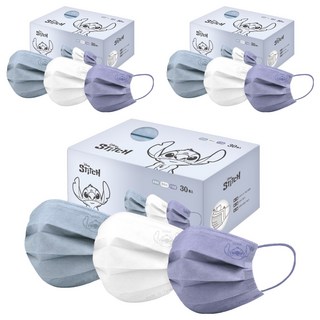 ONEDER 旺達棉品 史迪奇系列 平面成人口罩, 晨霧藍 + 雪峰白 + 午夜藍, 30片, 3盒