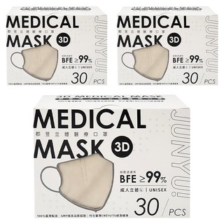 JUN 郡昱 3D成人立體醫療口罩 L, 30片, 3盒, 燕麥拿鐵