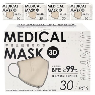 JUN 郡昱 3D成人立體醫療口罩 L, 30片, 5盒, 燕麥拿鐵