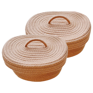 手工編織橢圓收納籃 附蓋 棉繩材質, 25 x 17 x 10cm, 2個, 原木色