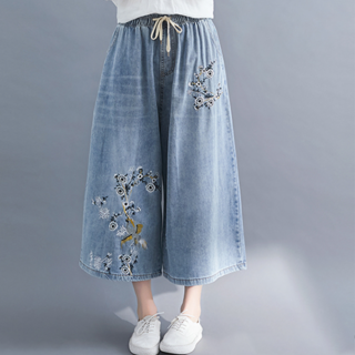 MeiChel 女款大尺碼刺繡鬆緊綁帶牛仔寬褲