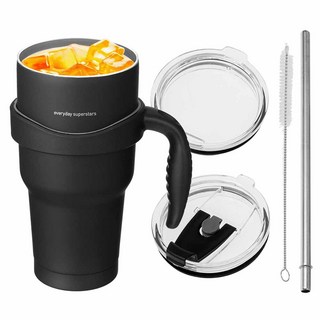 comet 不鏽鋼保溫杯組(保溫杯+手把+吸管蓋+吸管+吸管刷), 黑色, 900ml, 1組