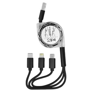 Timo 可伸縮收納三合一免纏繞便攜式充電線 Lightning Type-C Micro USB, 1m, 午夜黑, 1條