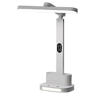 Kyhome LED雙燈時鐘檯燈 護眼學習閱讀燈 宿舍照明燈 臥室桌燈 小夜燈 收納筆筒 白色