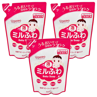 WAKODO 和光堂 潤澤嬰幼兒沐浴泡 補充包, 慕斯型 無香料, 新生兒適用, 容易清洗, 對寶寶肌膚不乾燥, 400ml, 3包