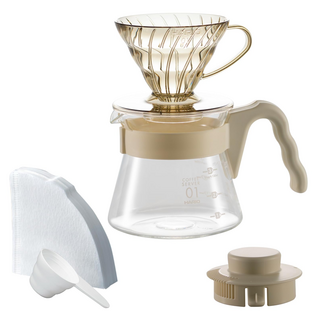 HARIO 好璃奧 V60 20周年自然米手沖咖啡壺組 VCSD-01-20CP-KB, 1套, 樹脂濾杯 + 玻璃咖啡壺 + 濾紙 + 量匙, 450ml