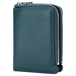 頭層牛皮女士雙拉鍊短夾 115g, 15 x 10 x 3.5cm, 淺藍色